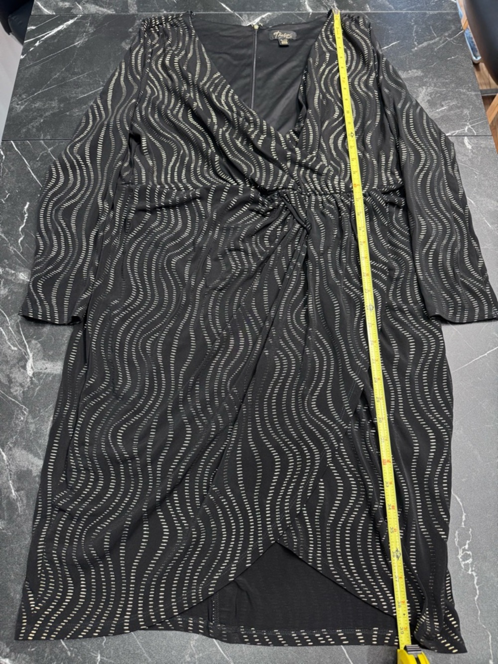 Thalia Sodi Black Gold Sheer Wave Detail Long Sleeve Dress XL Elegant Chic - Picture 8 of 11